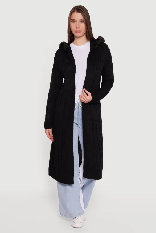 Faux Fur Trim Cable Knit Hooded Duster made by Almost Famous