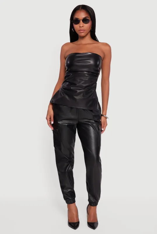 Faux Leather Side Ruched Side Slit Tube Top sold by Rainbow