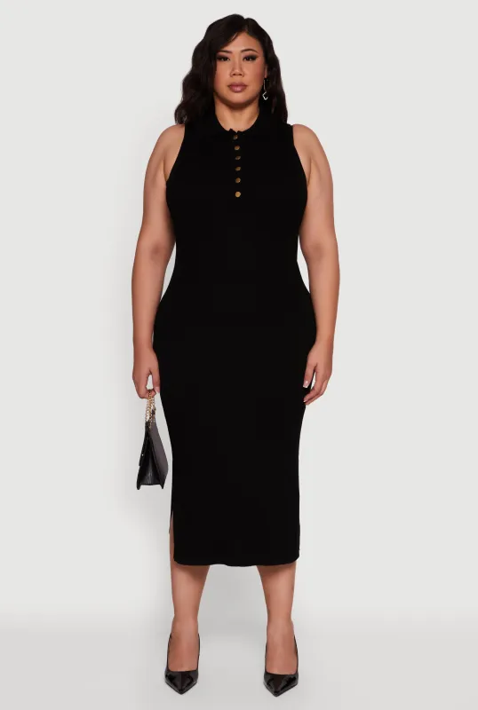 Plus Size Sleeveless Polo Collar Rib Knit Sweater Dress sold by Rainbow