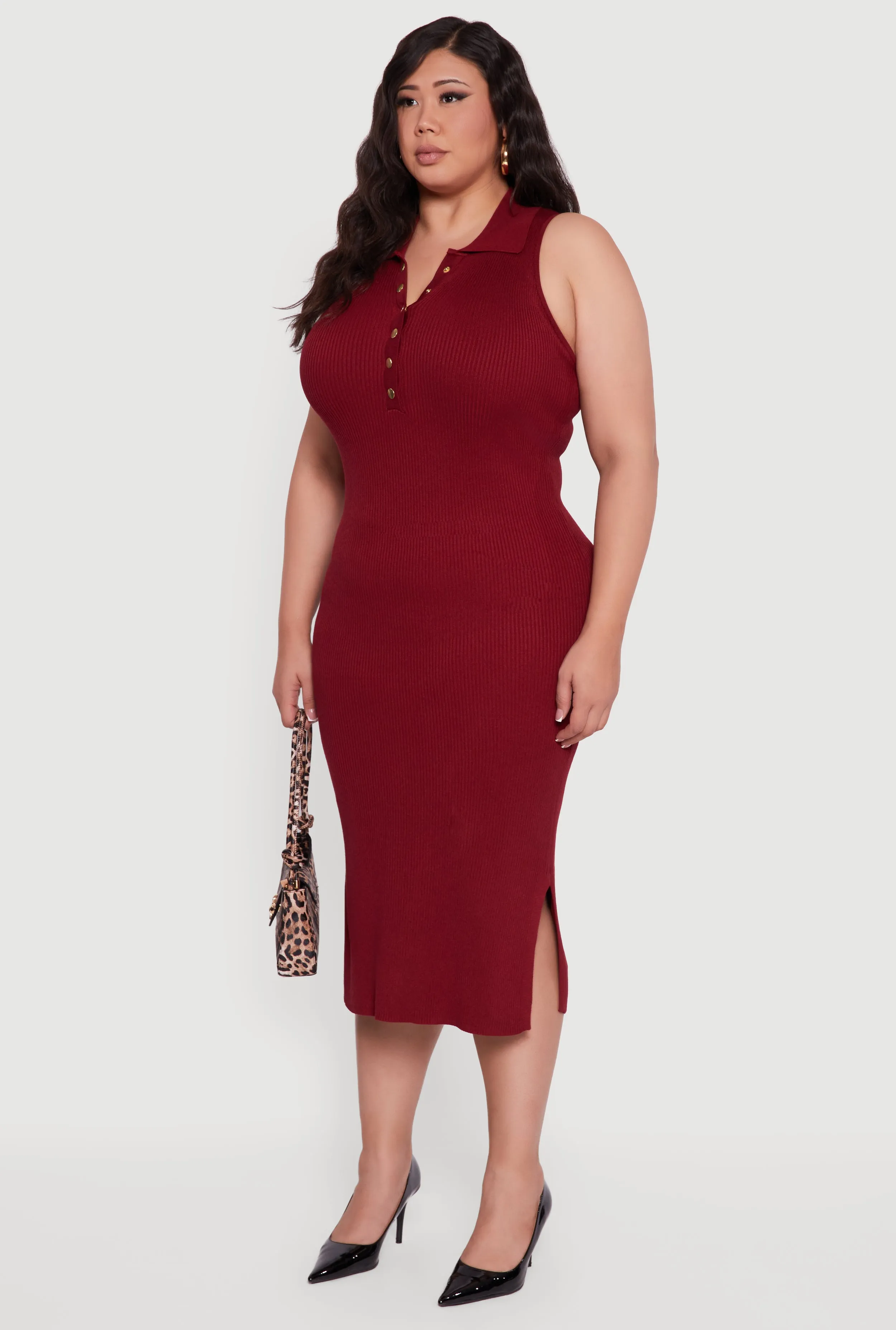 Plus Size Sleeveless Polo Collar Rib Knit Sweater Dress sold by Rainbow product image thumbnail 3