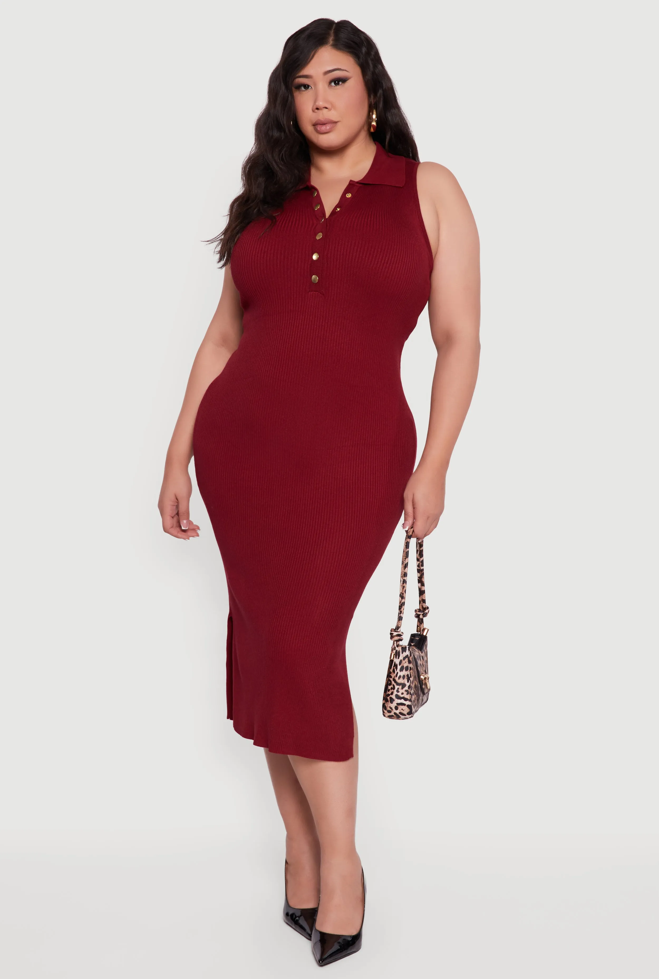 Plus Size Sleeveless Polo Collar Rib Knit Sweater Dress sold by Rainbow