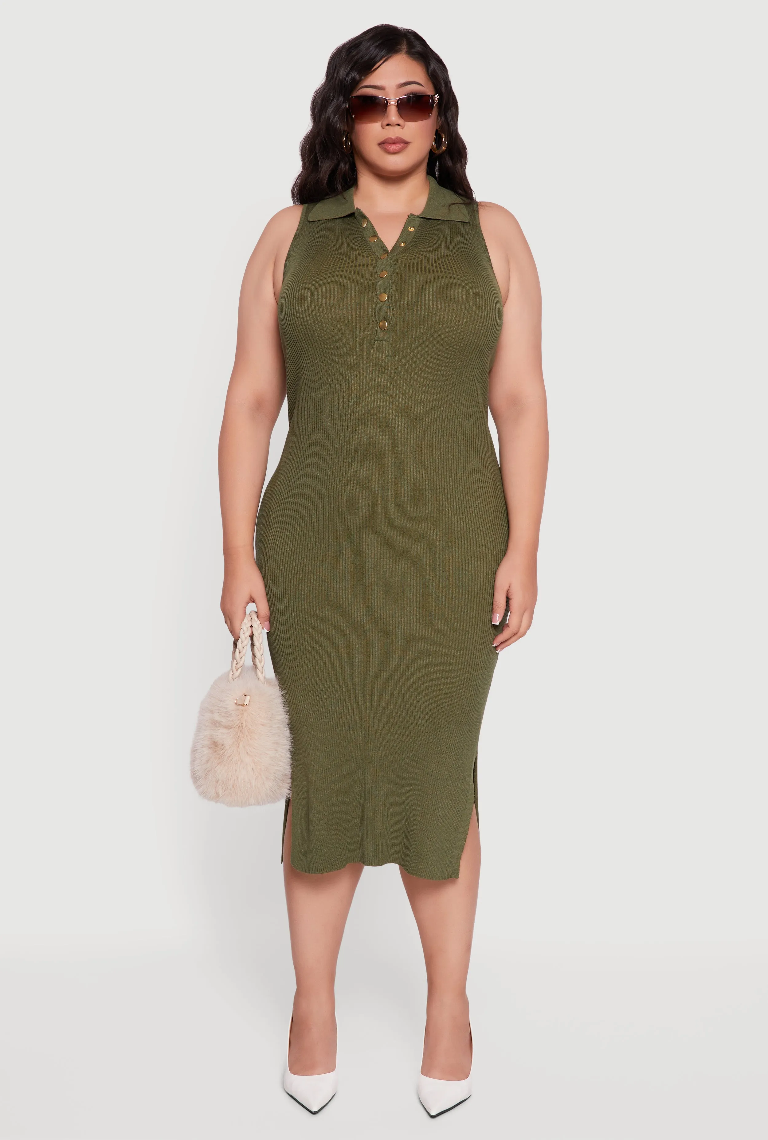 Plus Size Sleeveless Polo Collar Rib Knit Sweater Dress sold by Rainbow product image thumbnail 2