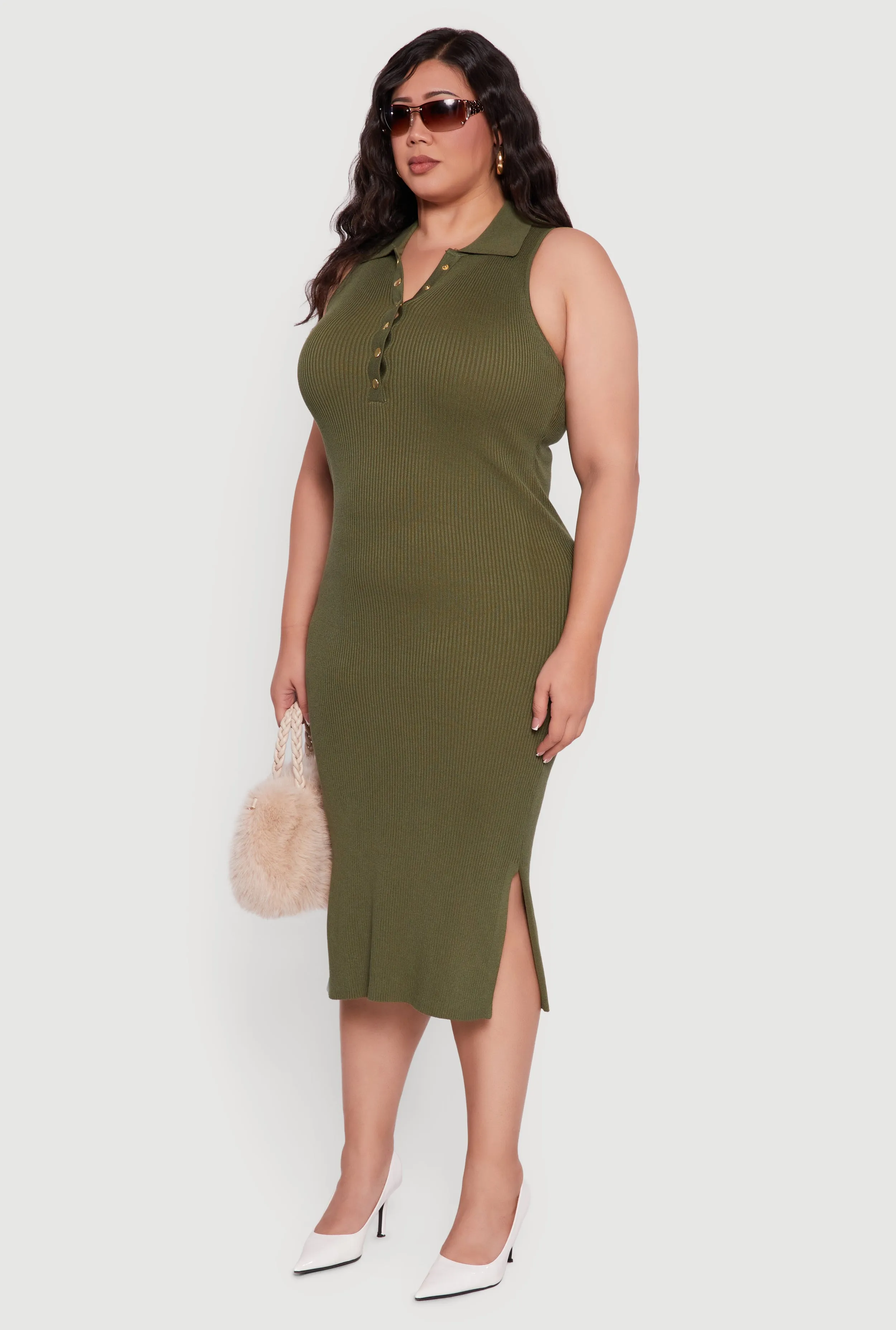 Plus Size Sleeveless Polo Collar Rib Knit Sweater Dress sold by Rainbow product image thumbnail 3