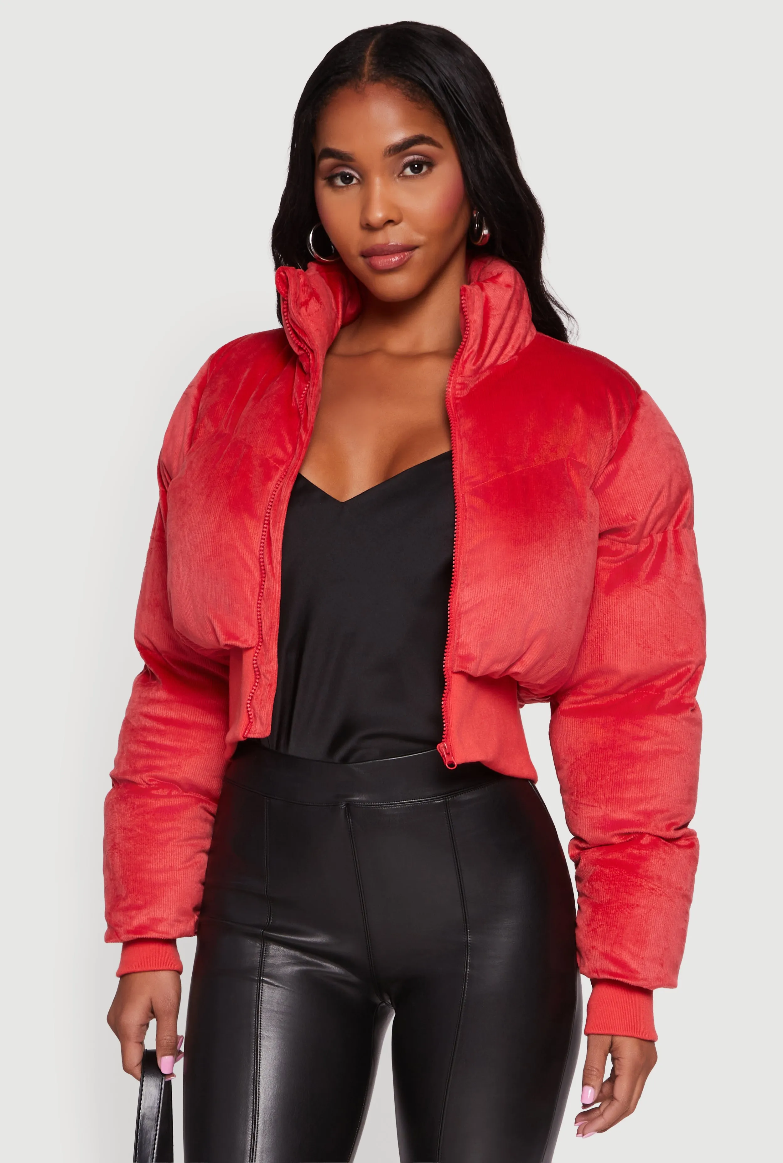 Corduroy Zip Front Mock Neck Cropped Puffer Jacket sold by Rainbow product image thumbnail 2