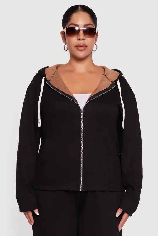 Plus Size Plush Lined Ribbed Knit Zip Front Hoodie sold by Rainbow