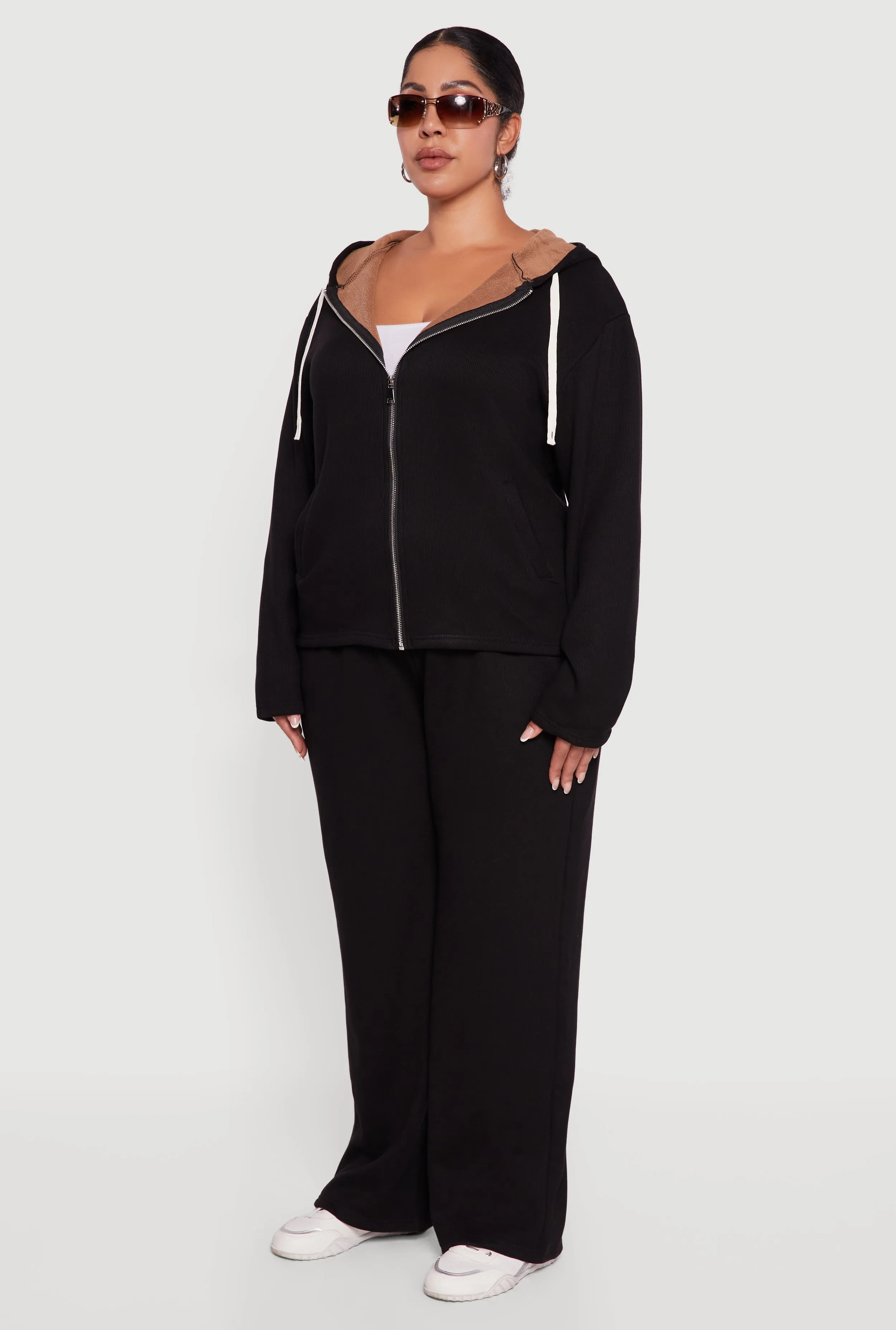 Plus Size Plush Lined Ribbed Knit Zip Front Hoodie sold by Rainbow product image thumbnail 5