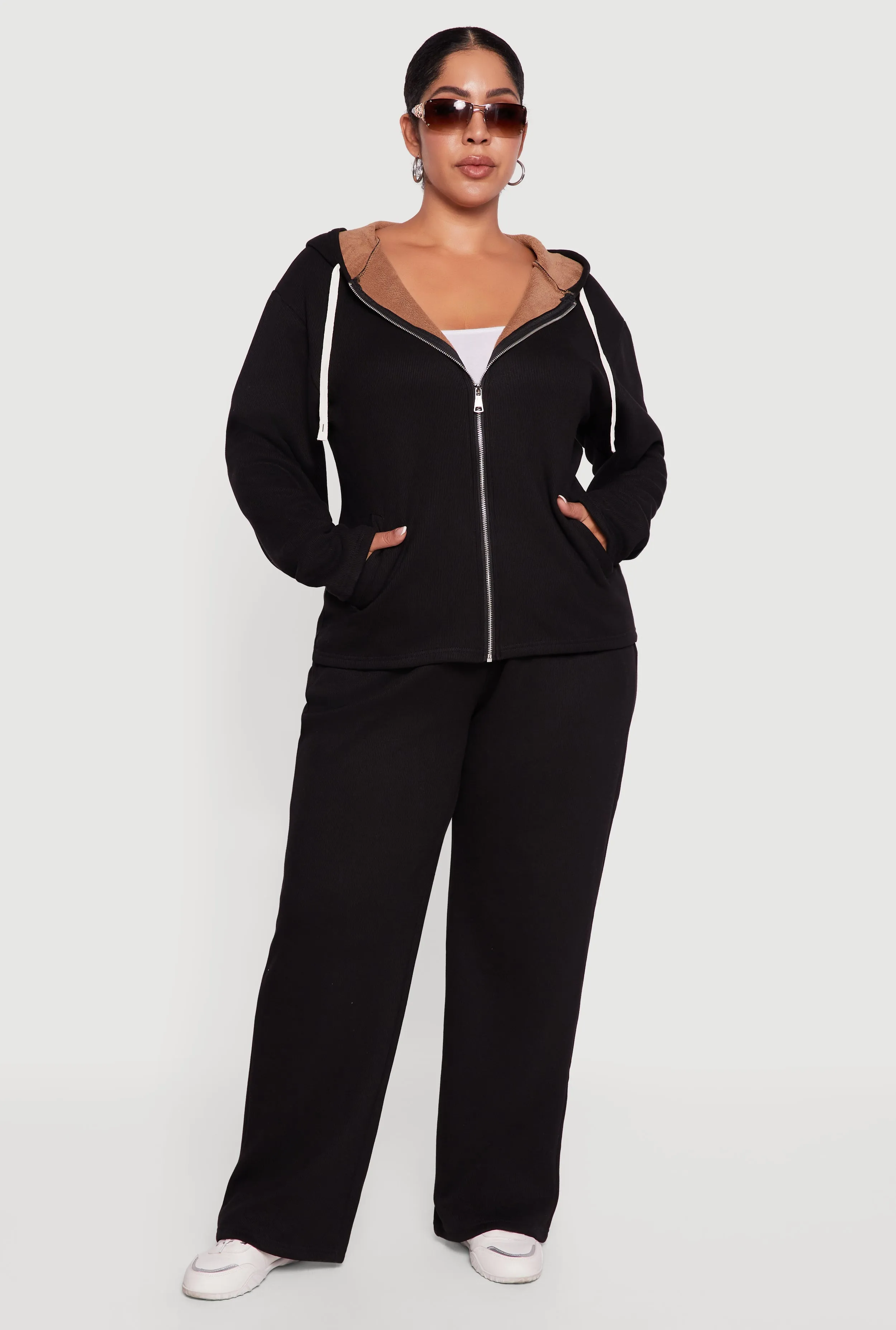 Plus Size Plush Lined Ribbed Knit Zip Front Hoodie sold by Rainbow product image thumbnail 2