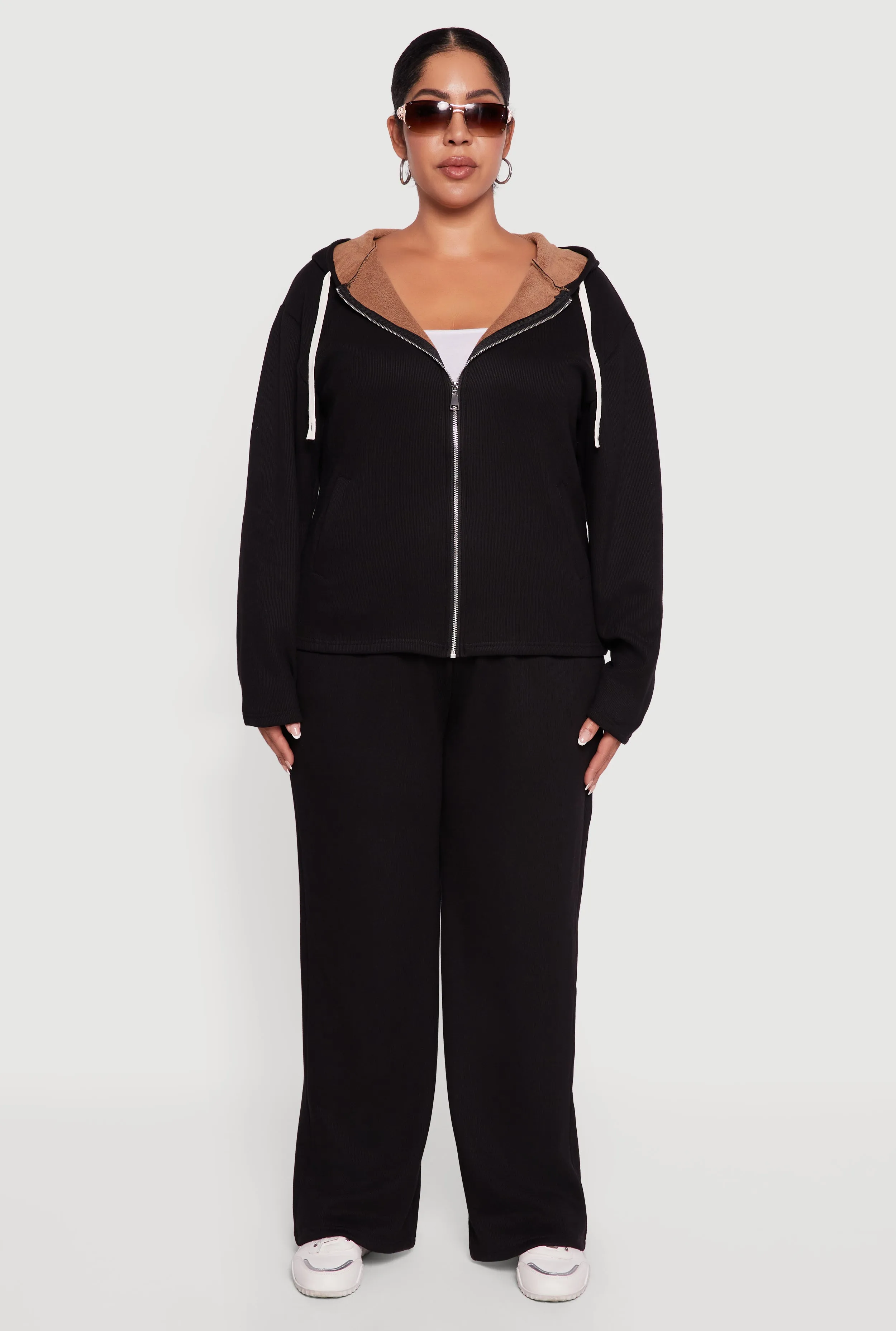 Plus Size Plush Lined Ribbed Knit Zip Front Hoodie sold by Rainbow product image thumbnail 3