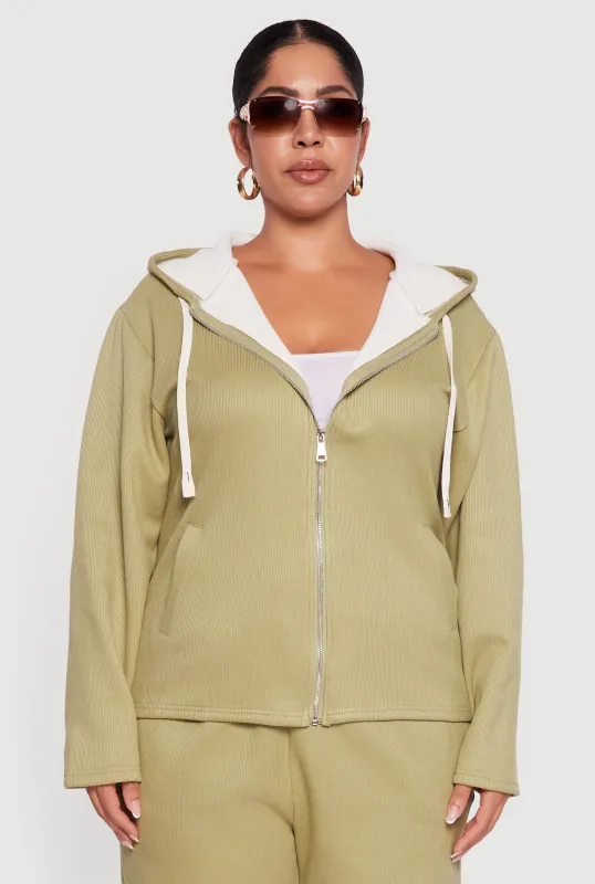 Plus Size Plush Lined Ribbed Knit Zip Front Hoodie sold by Rainbow
