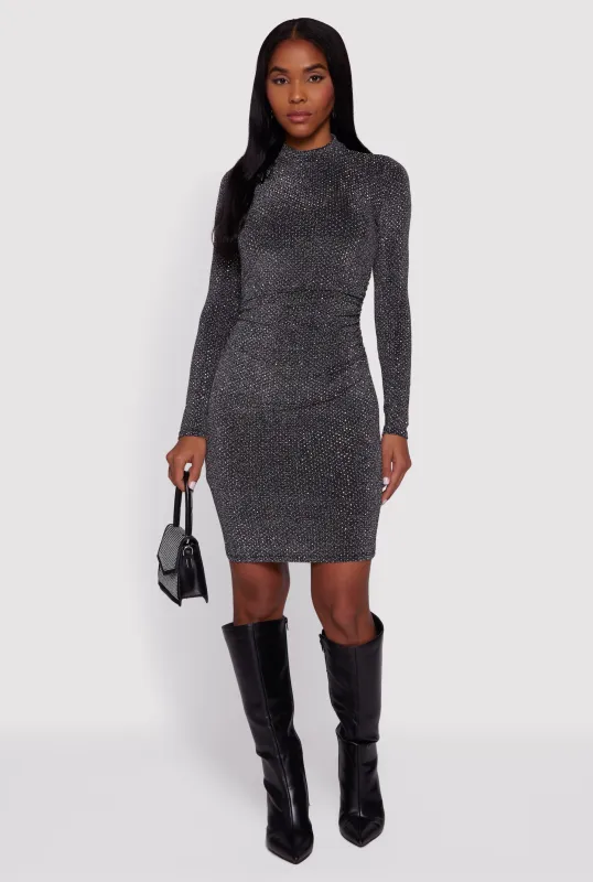 Lurex Long Sleeve Side Ruched Dress with Rhinestones sold by Rainbow