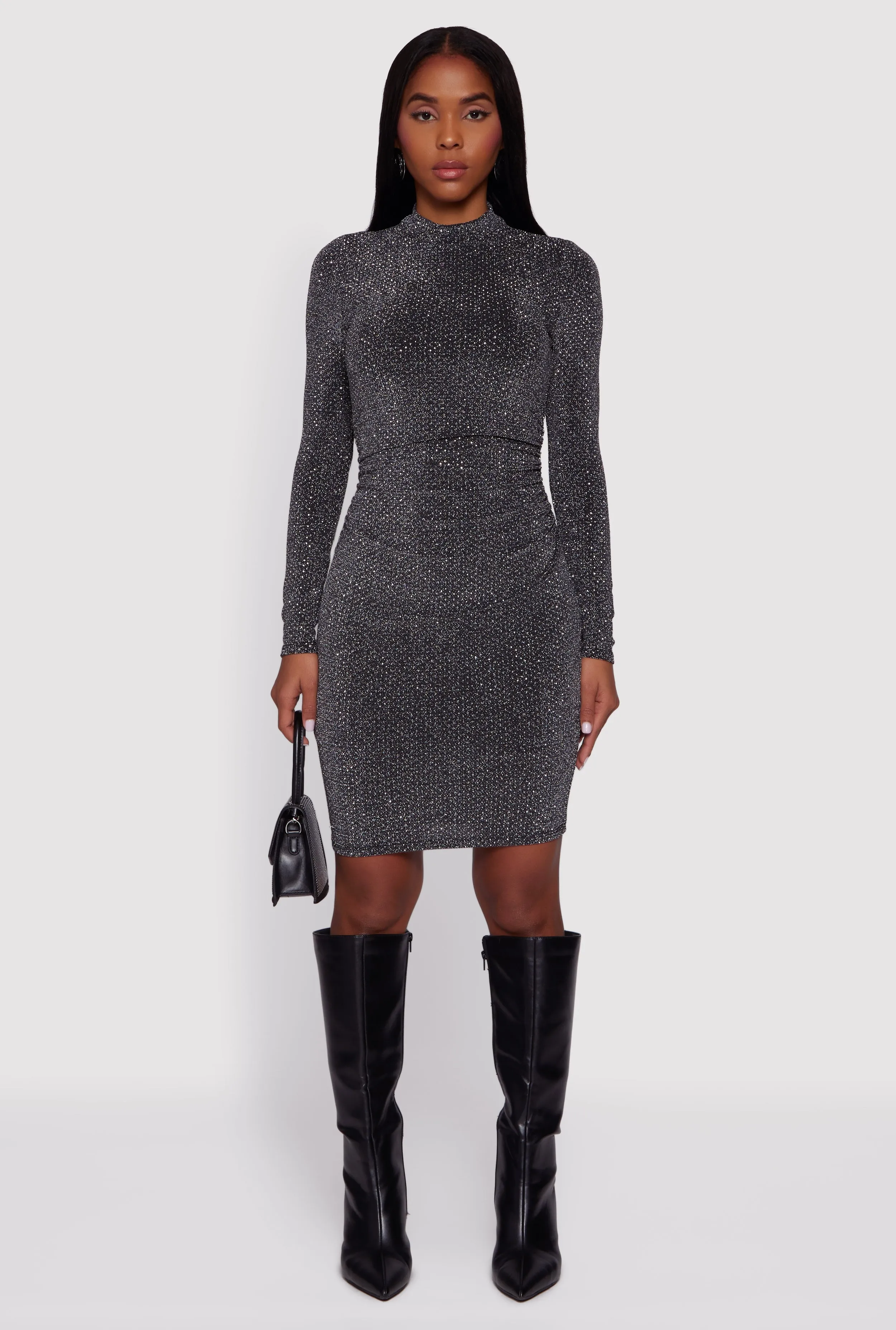 Lurex Long Sleeve Side Ruched Dress with Rhinestones sold by Rainbow product image thumbnail 2