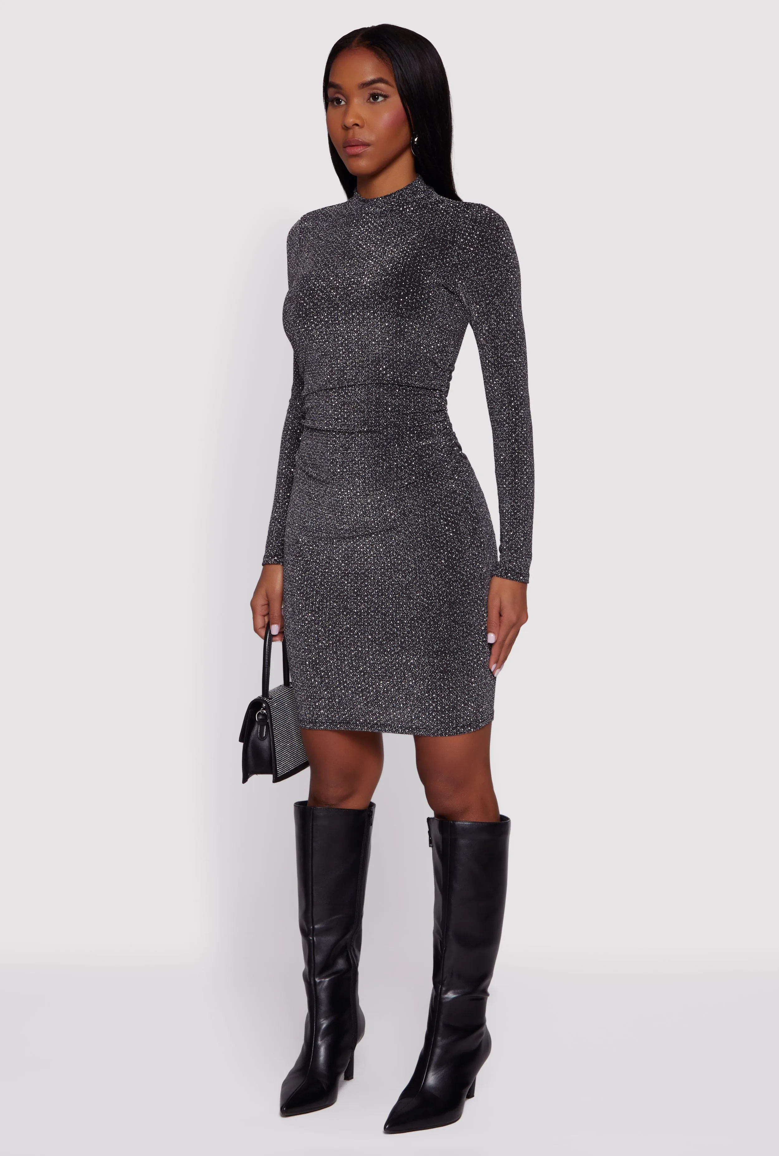 Lurex Long Sleeve Side Ruched Dress with Rhinestones sold by Rainbow product image thumbnail 3