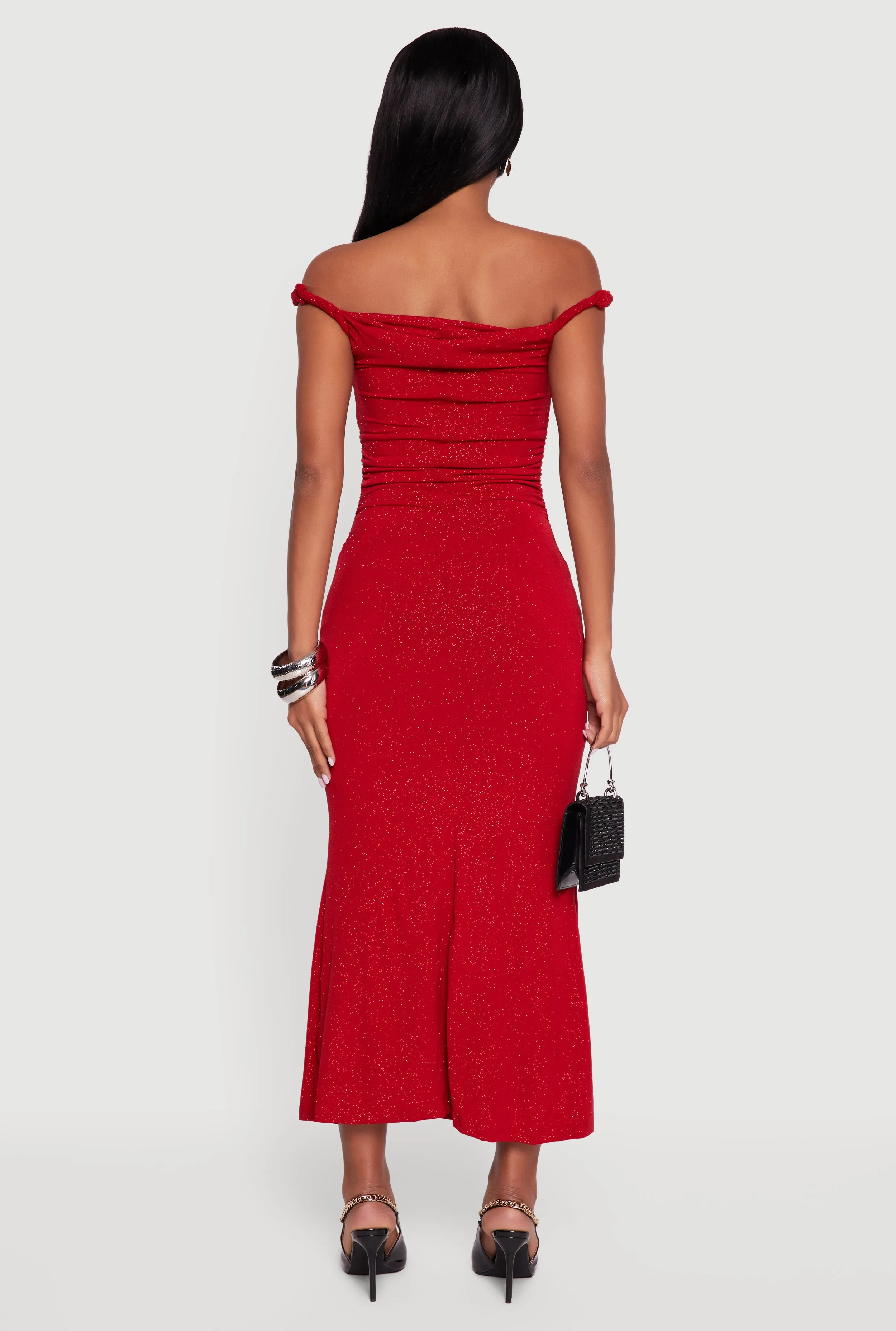 Glitter Off the Shoulder Twist Strap Ruched Side Dress sold by Rainbow product image thumbnail 5