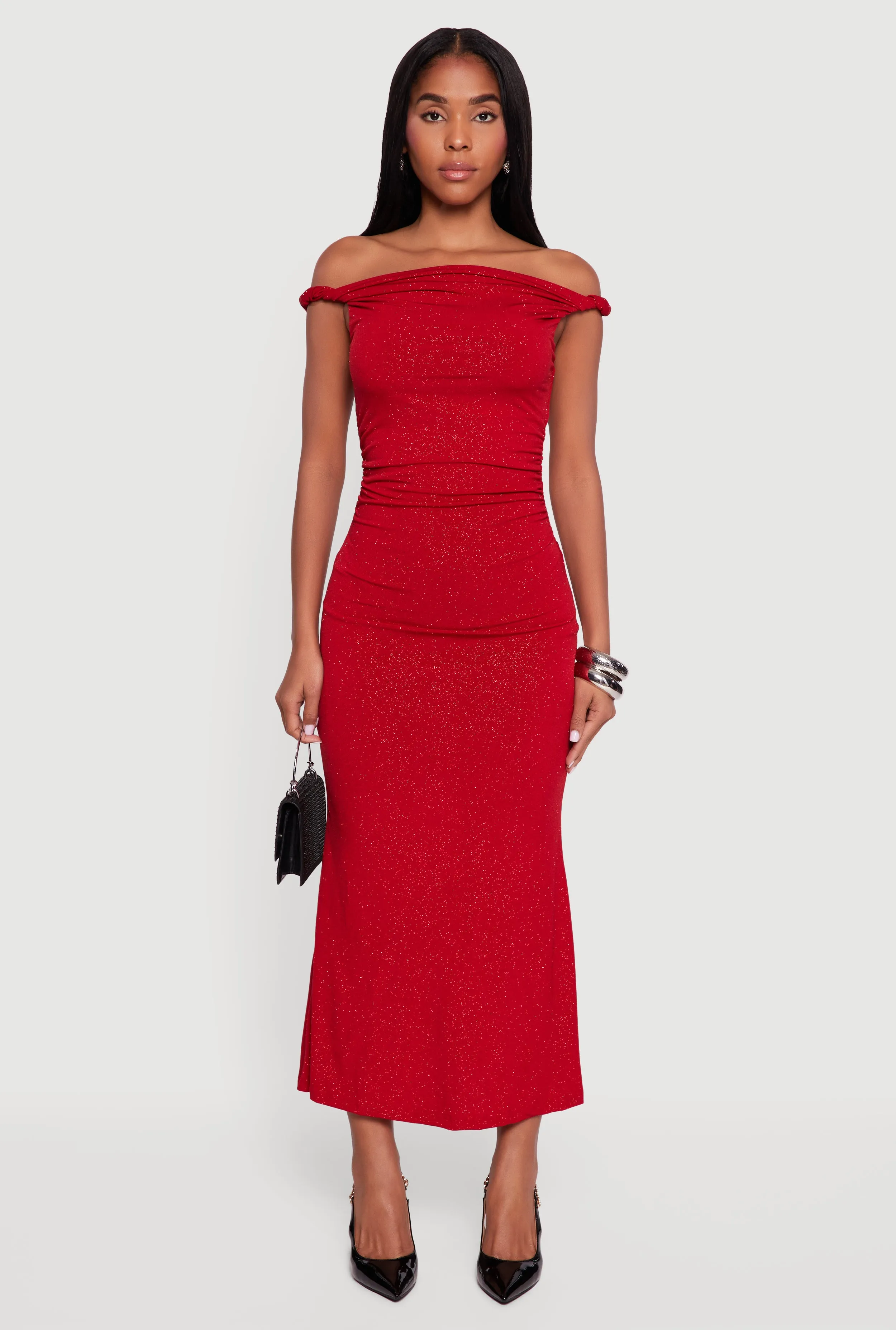 Glitter Off the Shoulder Twist Strap Ruched Side Dress sold by Rainbow product image thumbnail 2