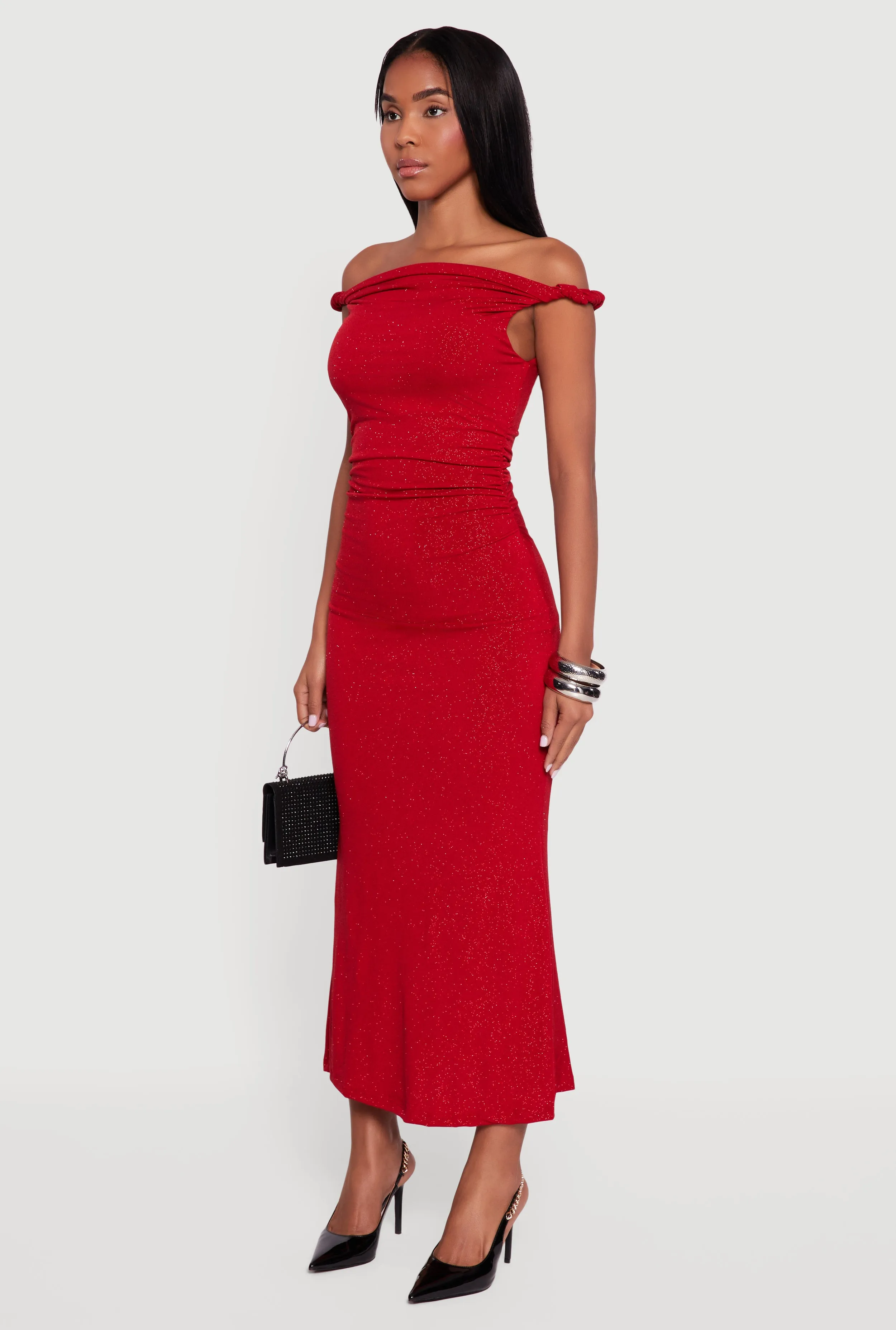 Glitter Off the Shoulder Twist Strap Ruched Side Dress sold by Rainbow product image thumbnail 3