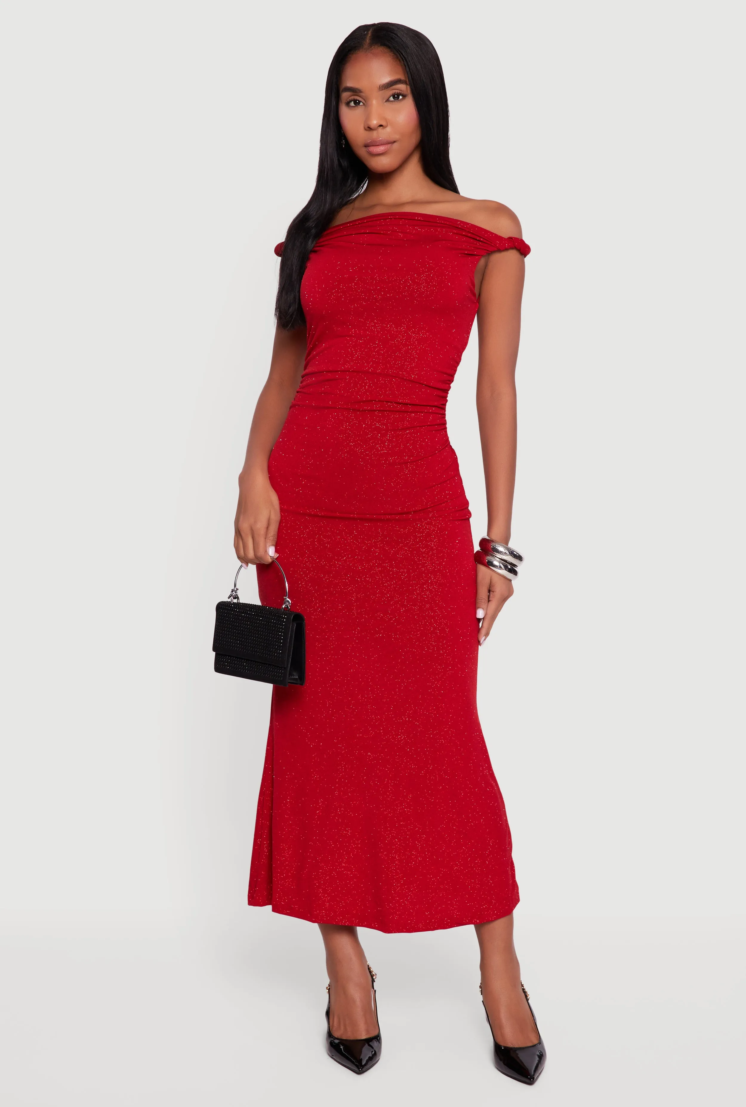 Glitter Off the Shoulder Twist Strap Ruched Side Dress sold by Rainbow