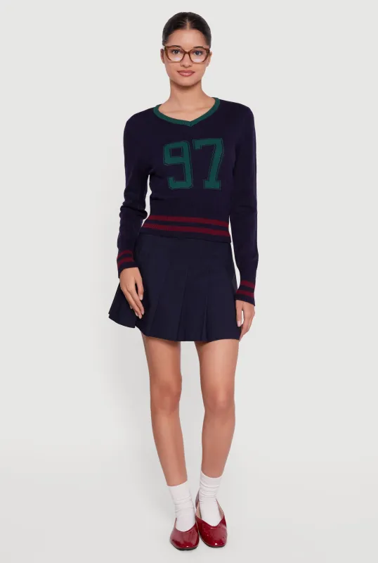 97 Graphic Varsity Stripe V-Neck Sweater sold by Rainbow