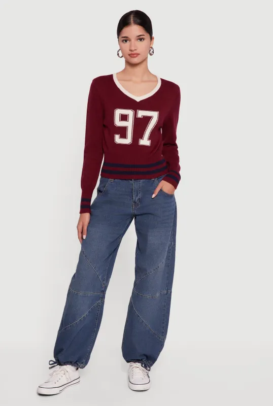 97 Graphic Varsity Stripe V-Neck Sweater sold by Rainbow