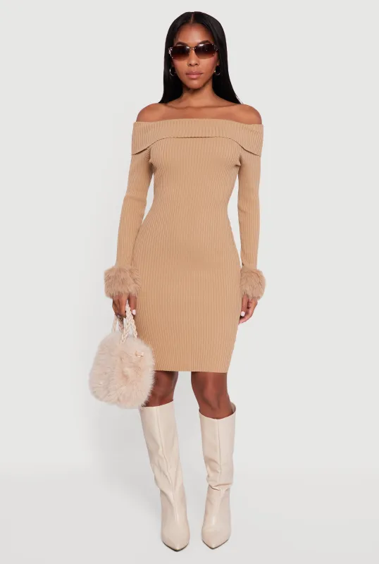 Faux Fur Cuff Fold Over Off the Shoulder Sweater Dress sold by Rainbow