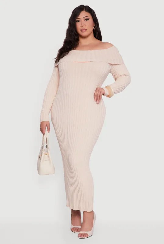 Plus Size Rib Knit Fold Over Off the Shoulder Maxi Dress sold by Rainbow