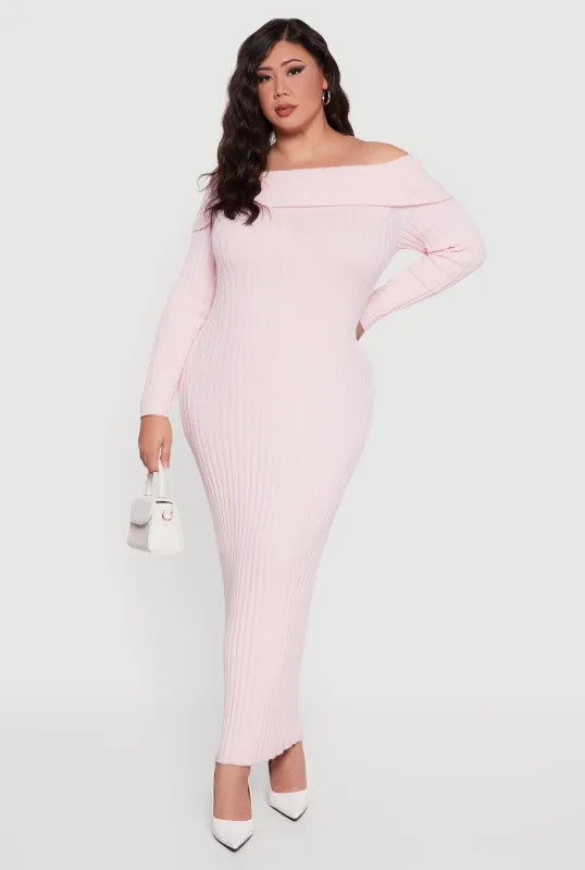 Plus Size Rib Knit Fold Over Off the Shoulder Maxi Dress sold by Rainbow