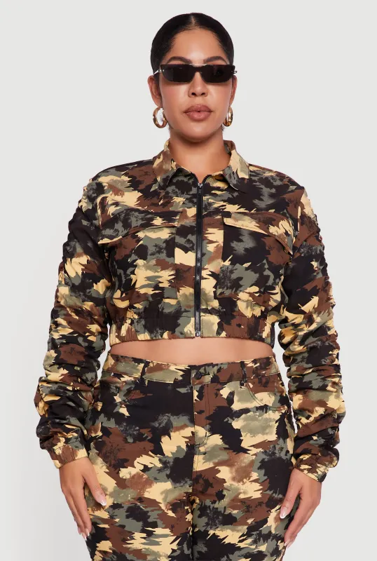 Plus Size Side Ruched Patterned Zip Front Cropped Jacket sold by Rainbow