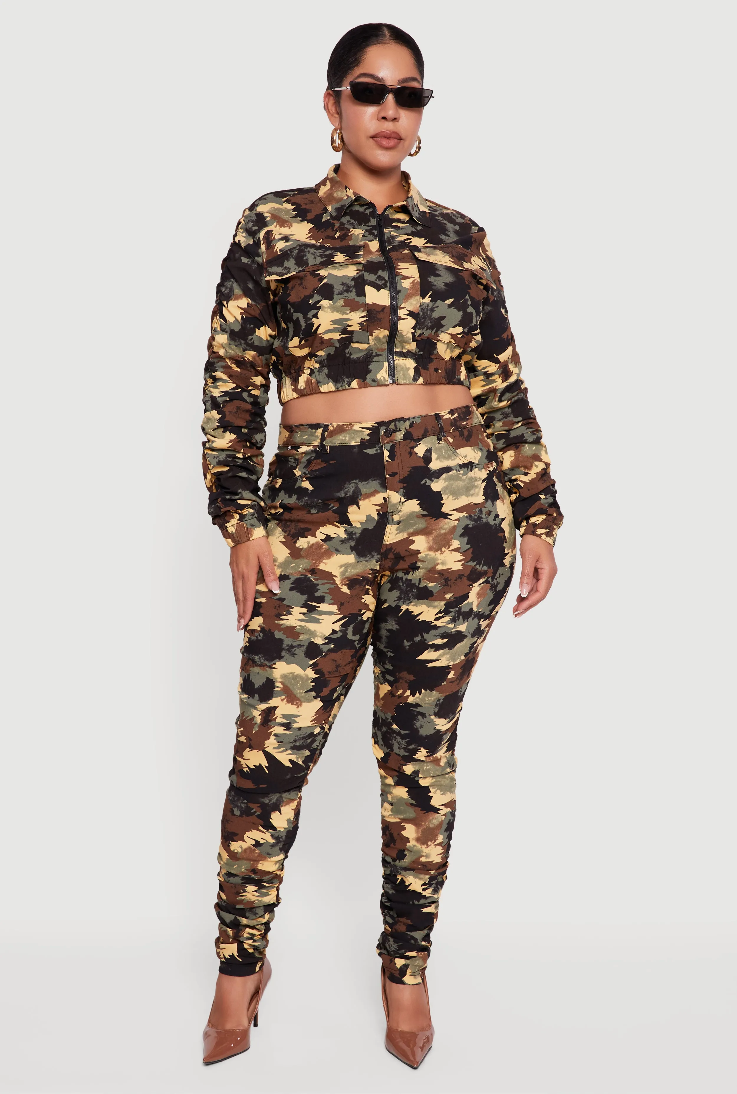 Plus Size High Waisted Side Ruched Patterned Pants sold by Rainbow