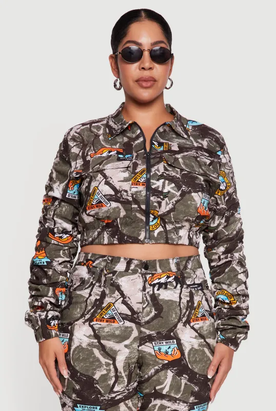 Plus Size Side Ruched Patterned Zip Front Cropped Jacket sold by Rainbow