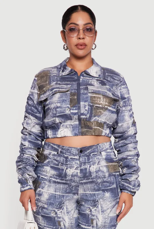 Plus Size Side Ruched Patterned Zip Front Cropped Jacket sold by Rainbow