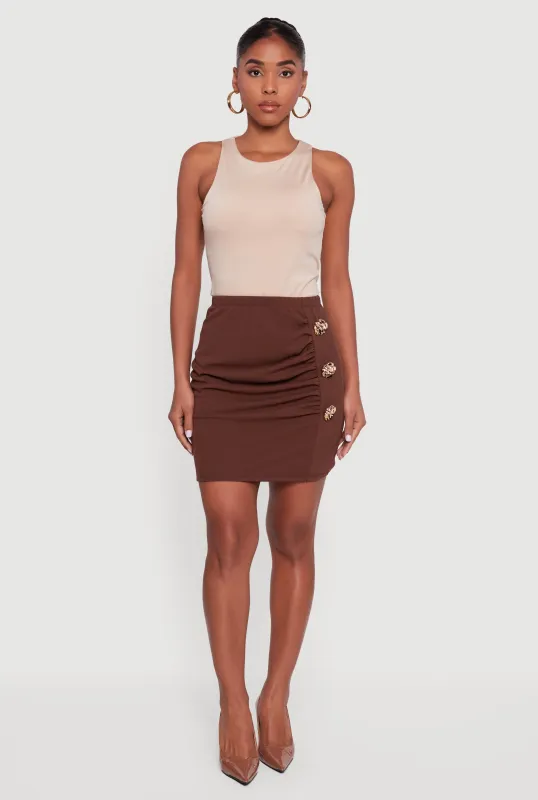 3D Flower Metallic Detail Side Ruched Mini Skirt sold by Rainbow