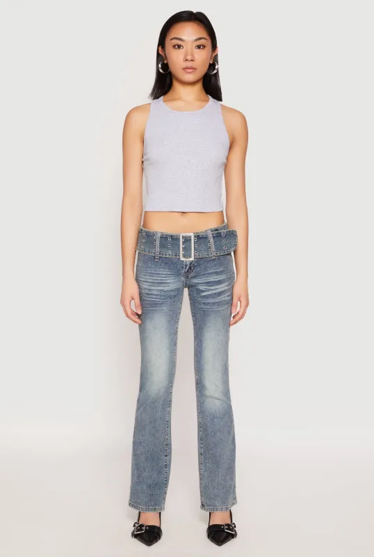 Whiskered Belted Detail Low Rise Bootcut Jeans sold by Rainbow