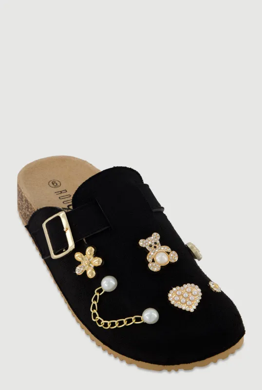 Faux Suede Charm Embellished Flat Clogs sold by Rainbow