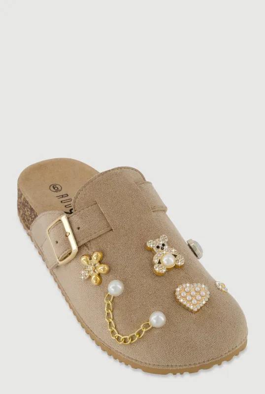 Faux Suede Charm Embellished Flat Clogs sold by Rainbow