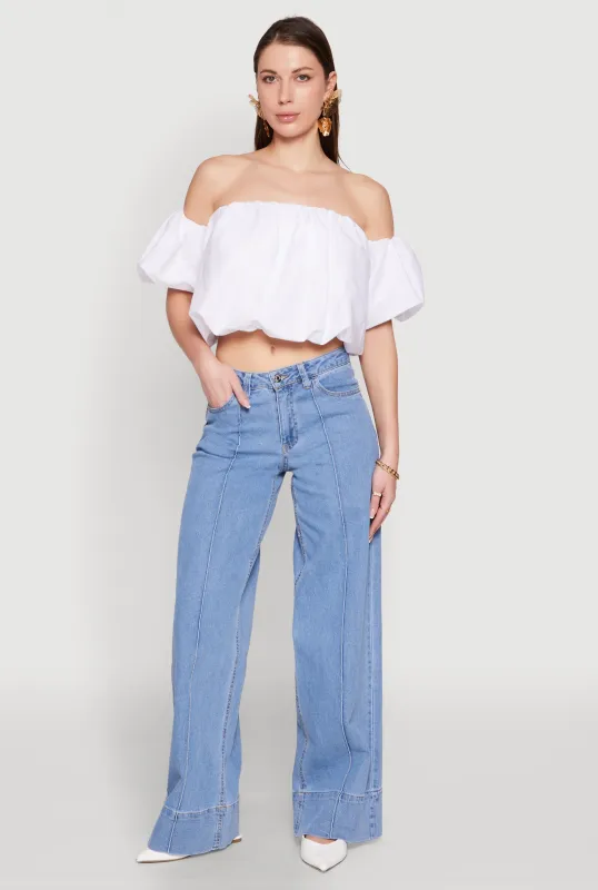 Pintuck Mid-Rise Wide Leg Jeans sold by Rainbow