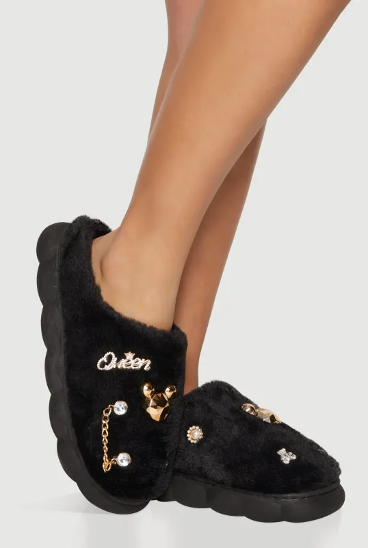Platform Rhinestone Fuzzy Slide Slippers sold by Rainbow