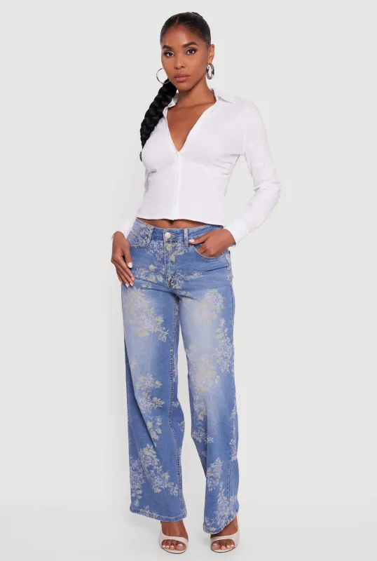 Janelle Floral Print Wide Leg Mid-Rise Jeans made by Rainbow