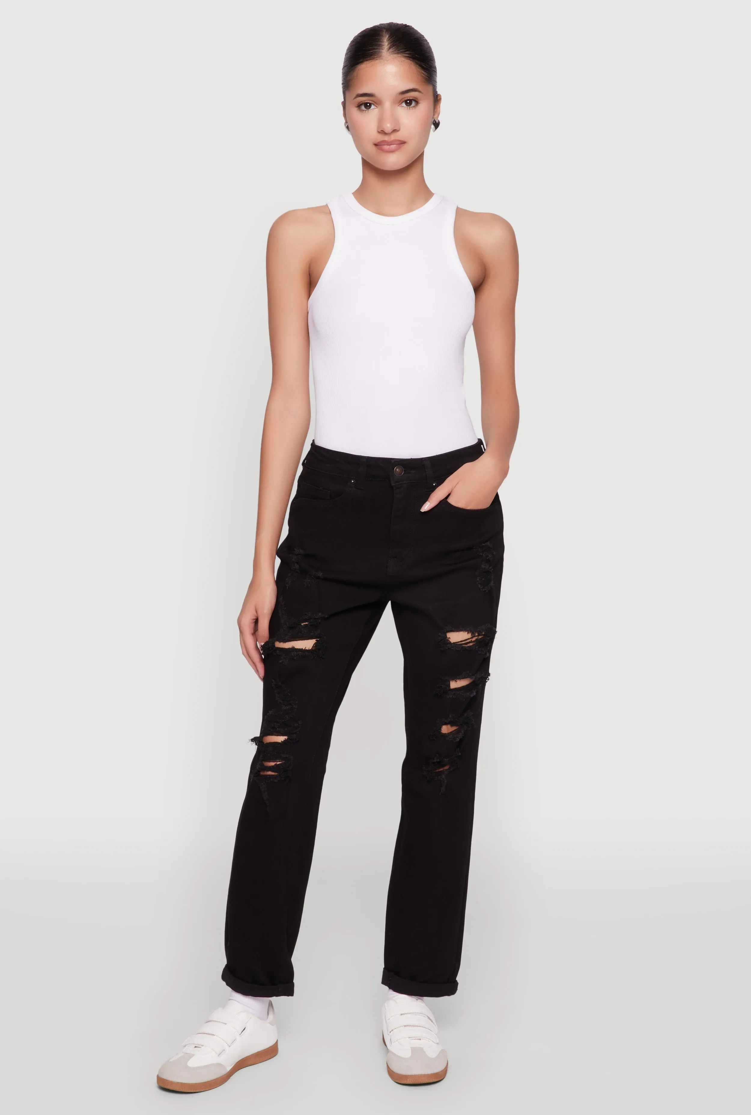 Distressed Rolled Cuff Boyfriend Jeans sold by Rainbow