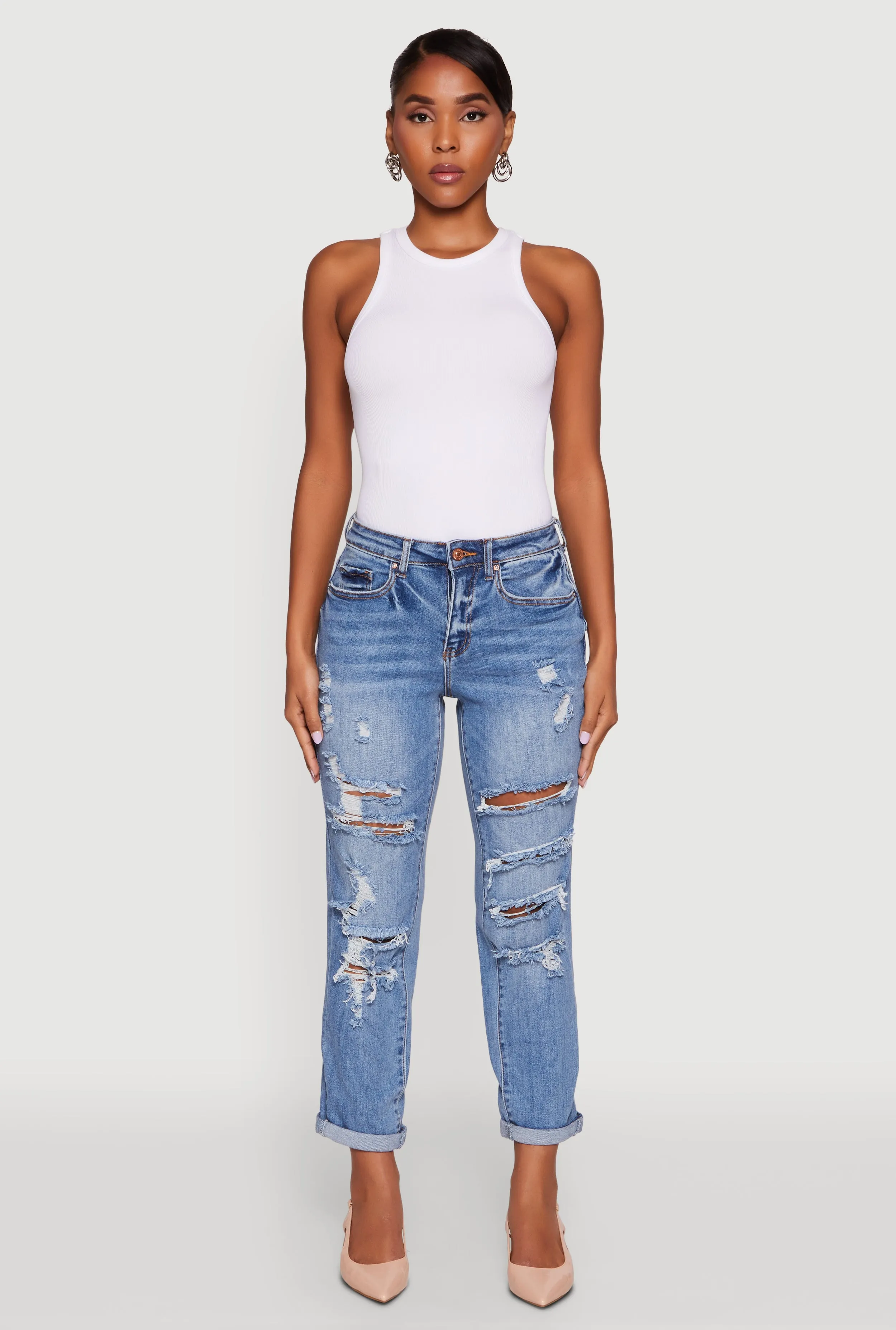 Distressed Rolled Cuff Boyfriend Jeans sold by Rainbow product image thumbnail 2