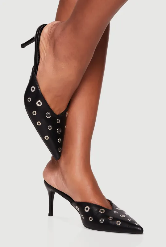 Pointed Toe Grommet Stiletto Mules sold by Rainbow