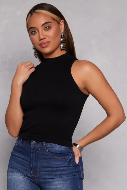 Rib Knit Seamless Mock Neck Crop Top sold by Rainbow