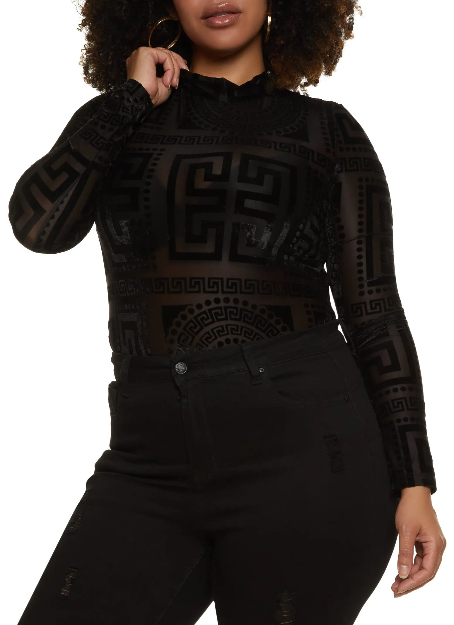 Plus Size Velvet Burnout Greek Key Bodysuit sold by Rainbow product image thumbnail 2