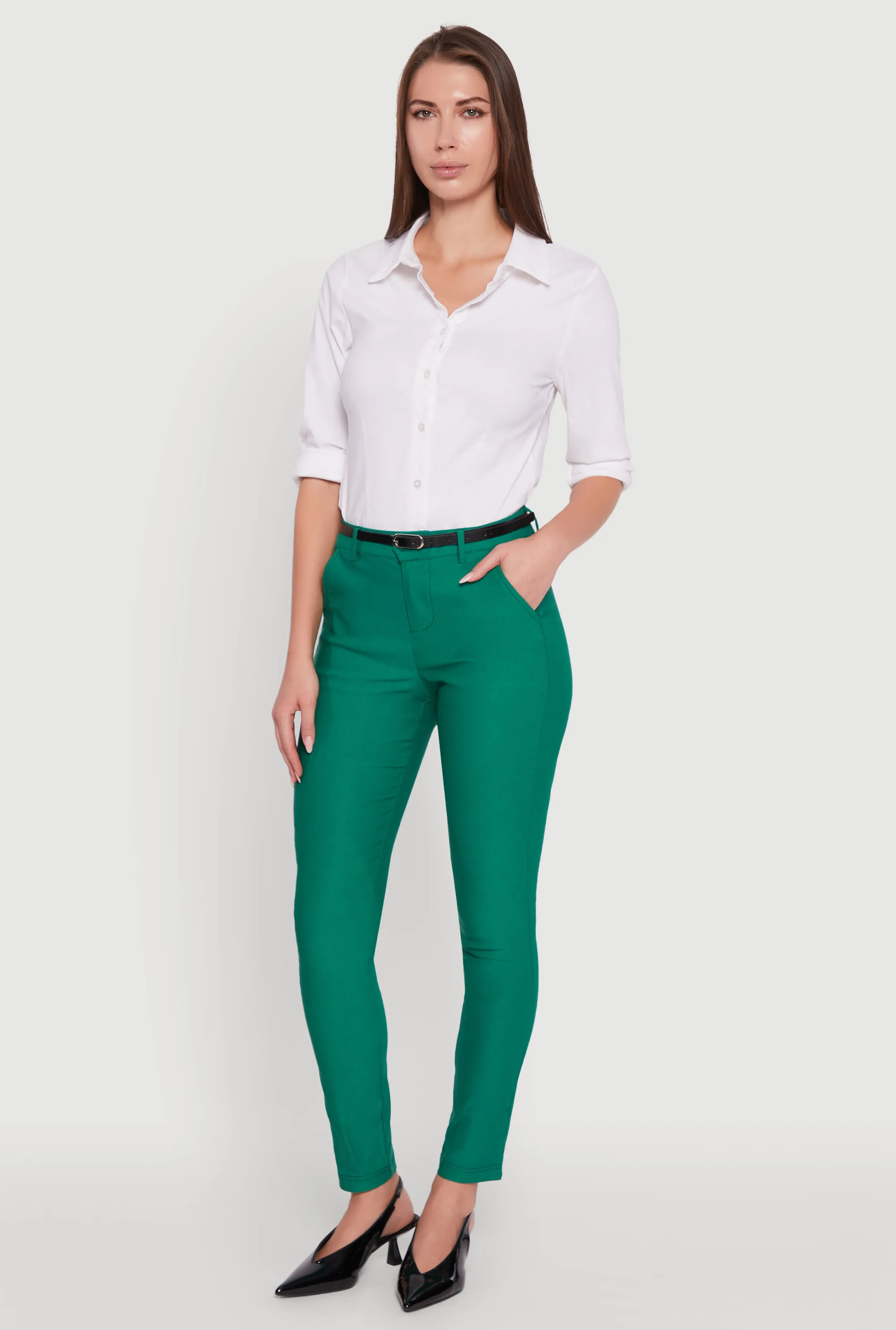 Hyperstretch Skinny Leg Dress Pants with Belt sold by Rainbow