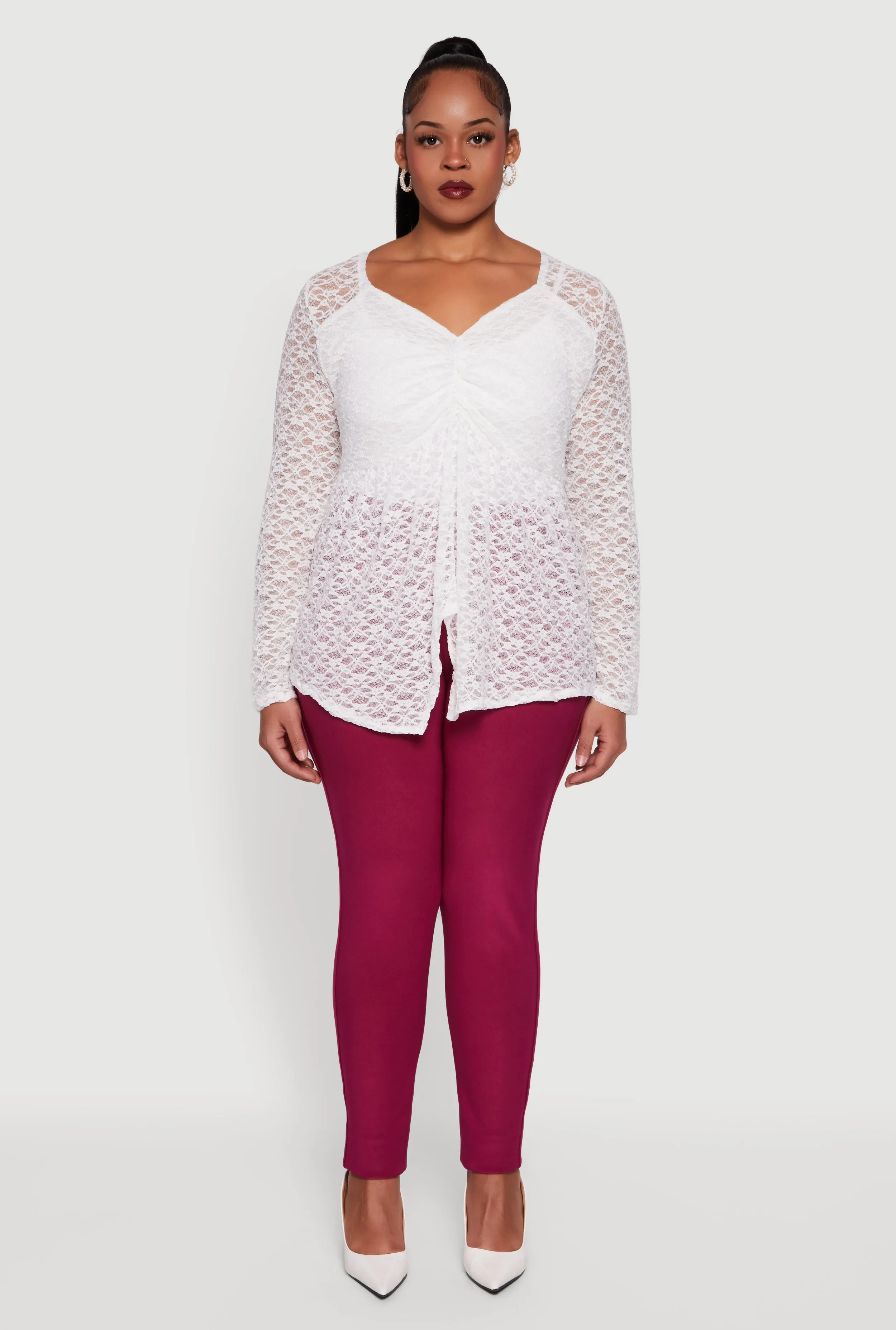 Plus Size Asymmetrical Hem Rouched Front Lace Blouse sold by Rainbow product image thumbnail 2