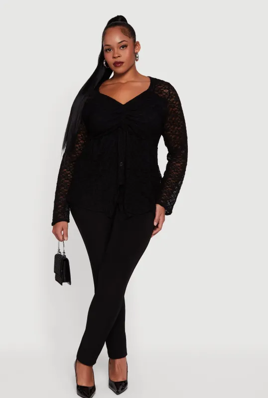 Plus Size Asymmetrical Hem Rouched Front Lace Blouse sold by Rainbow