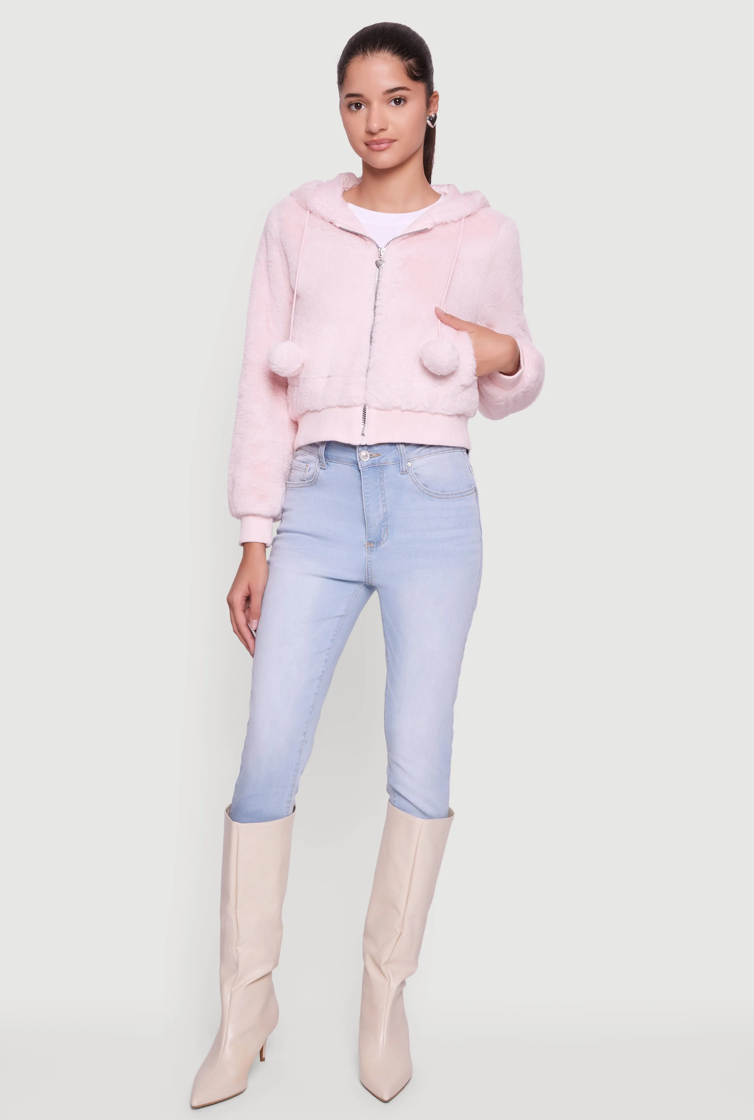 Pom Pom Drawstring Hooded Faux Fur Jacket sold by Rainbow