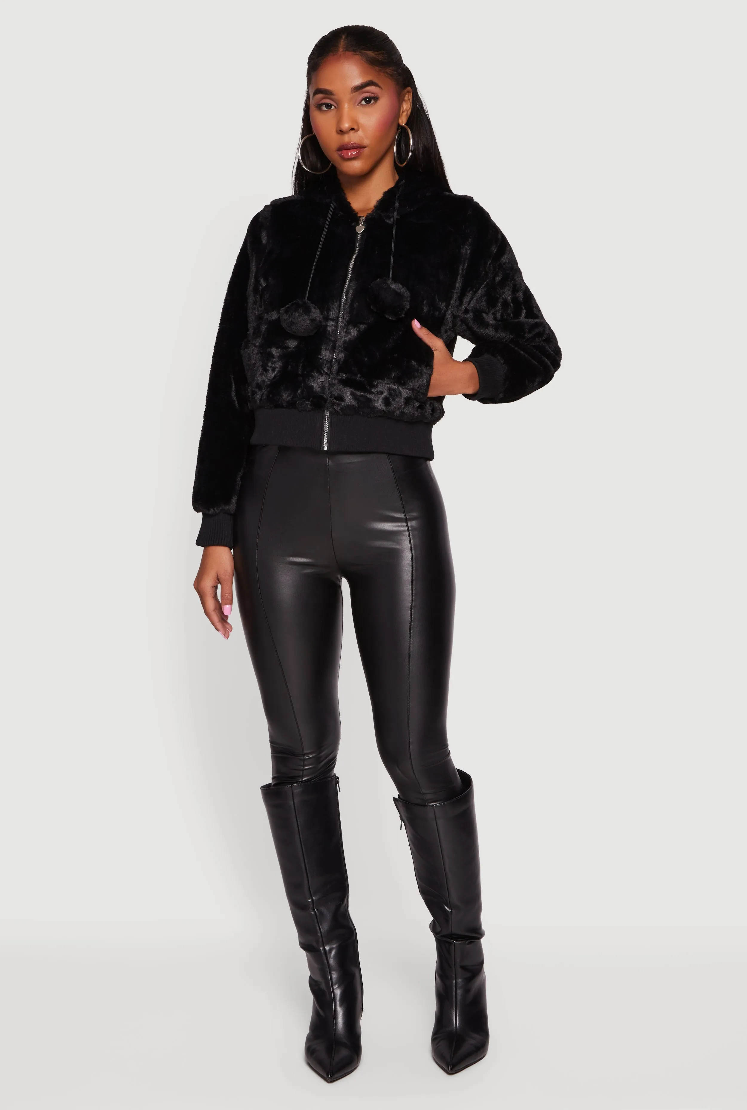 Pom Pom Drawstring Hooded Faux Fur Jacket sold by Rainbow product image thumbnail 2