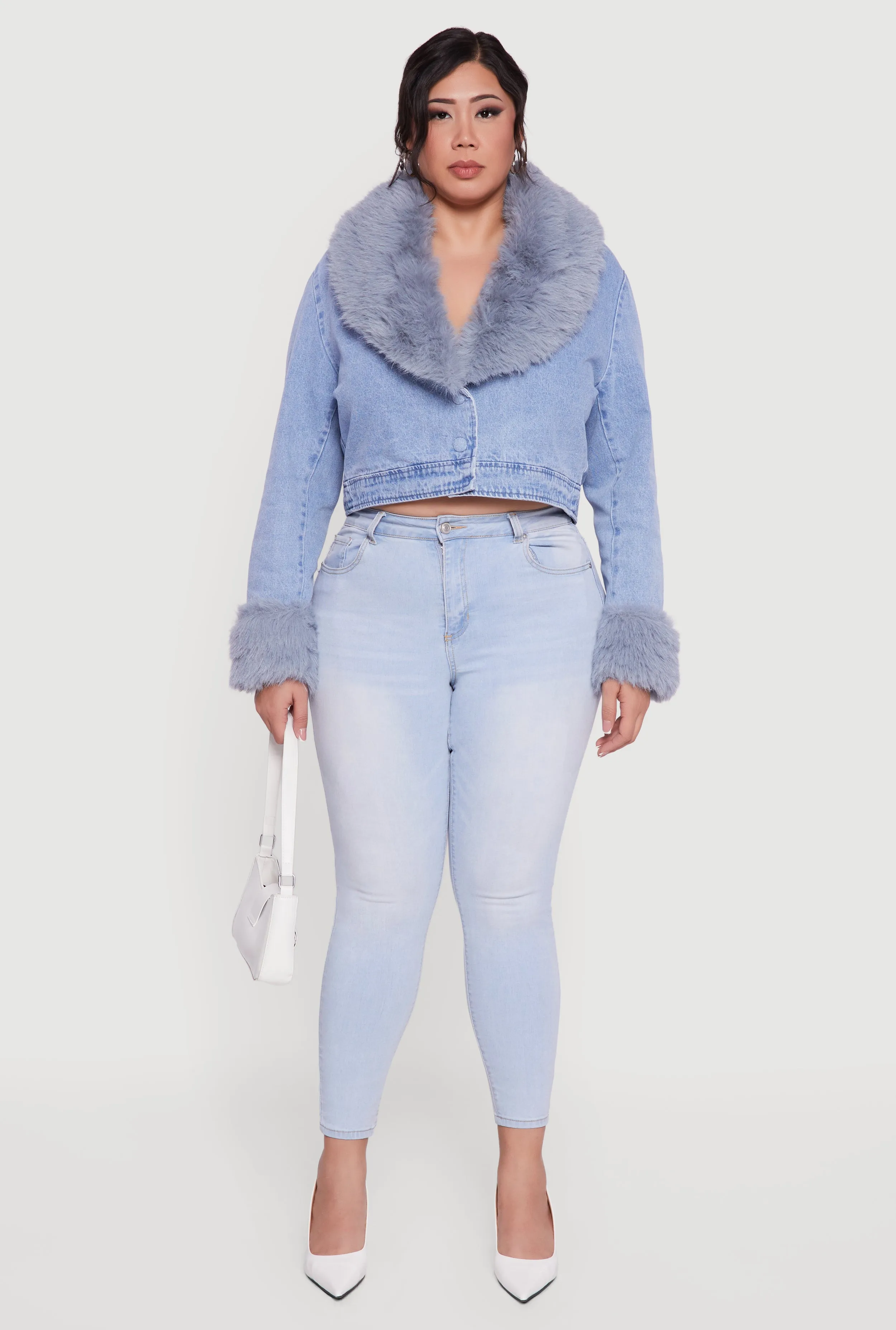 Plus Size Cropped Denim Jacket with Removable Collar and Cuffs sold by Rainbow product image thumbnail 3