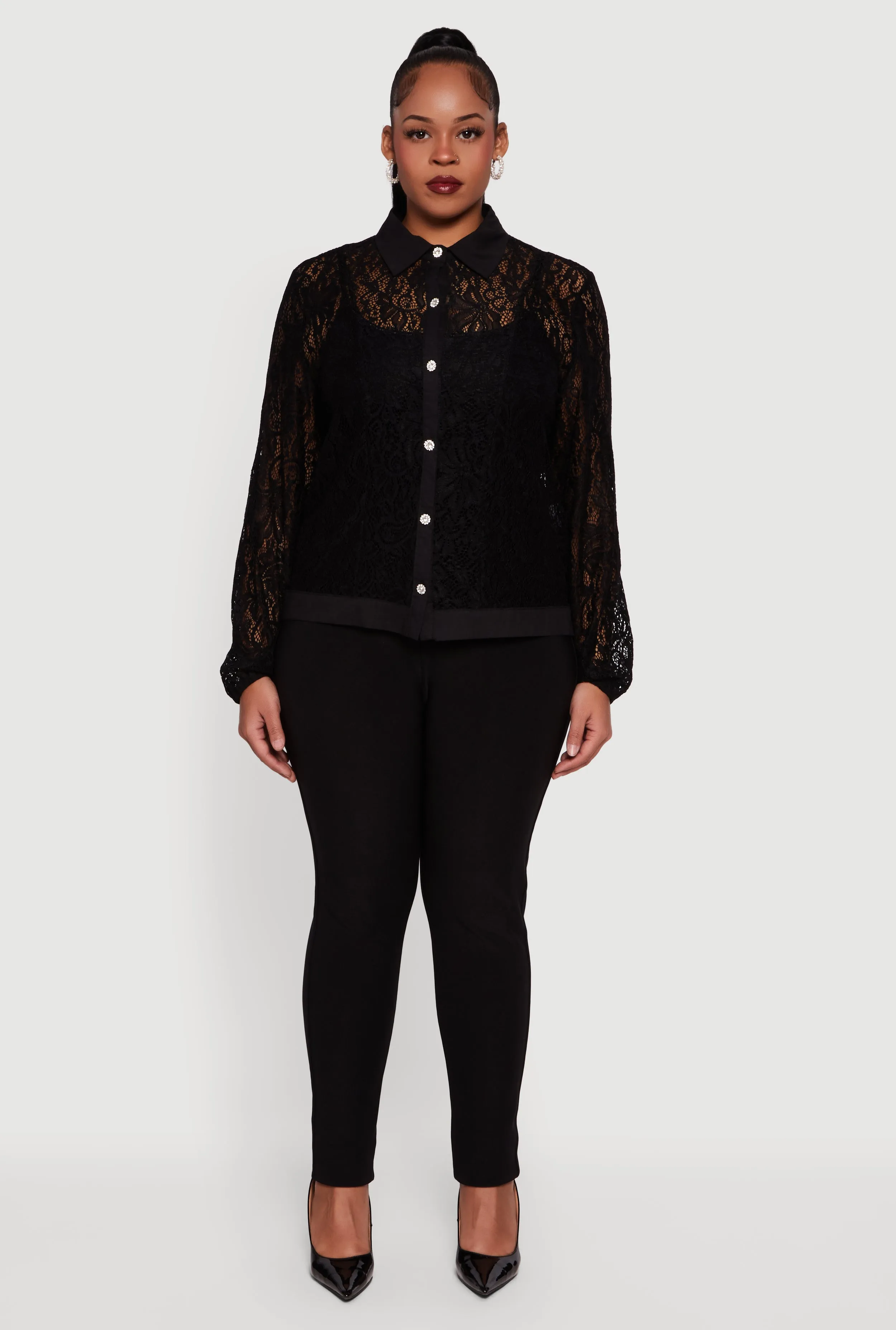 Plus Size Long Sleeve Shirt Collar Lace Blouse sold by Rainbow product image thumbnail 3