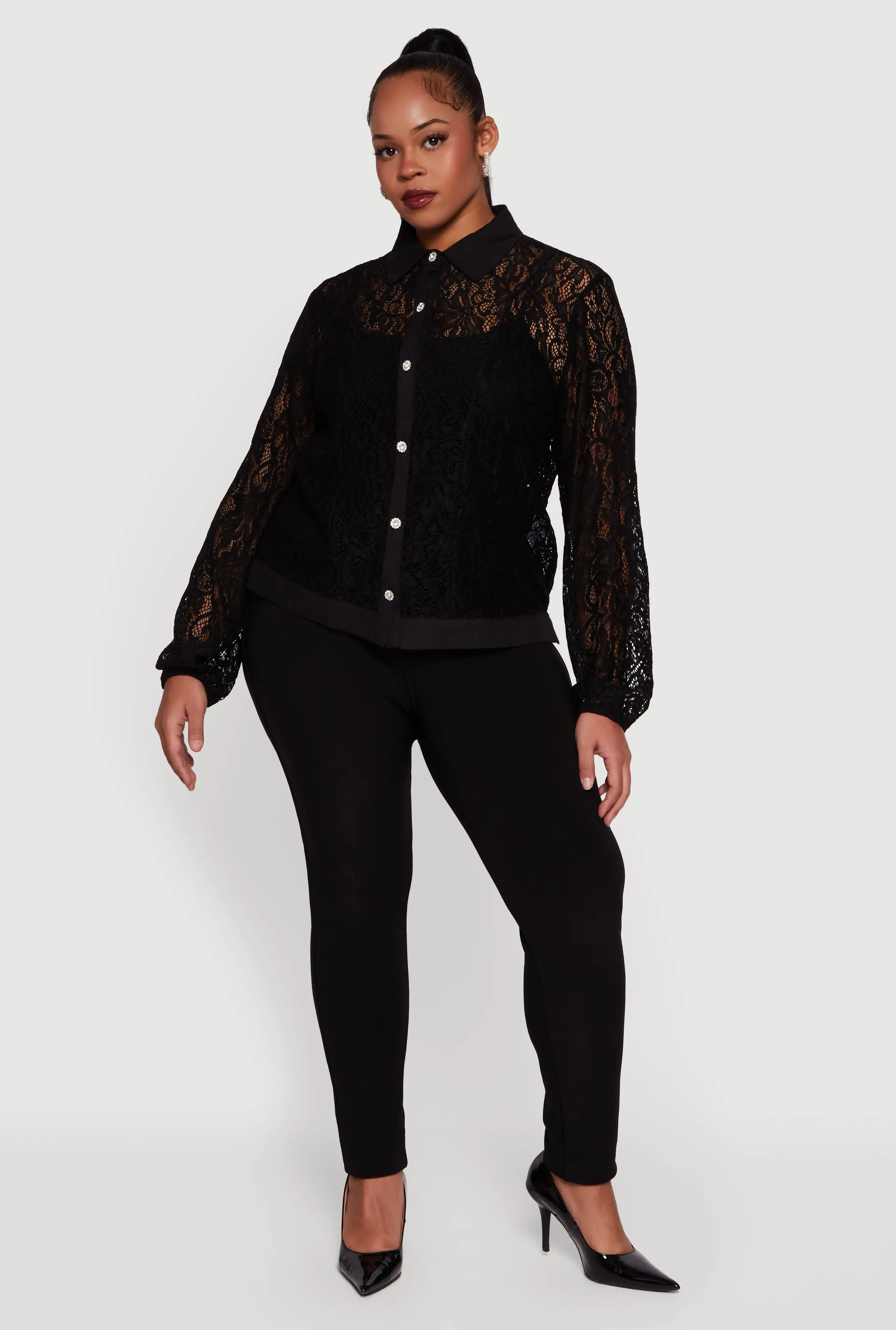 Plus Size Long Sleeve Shirt Collar Lace Blouse sold by Rainbow