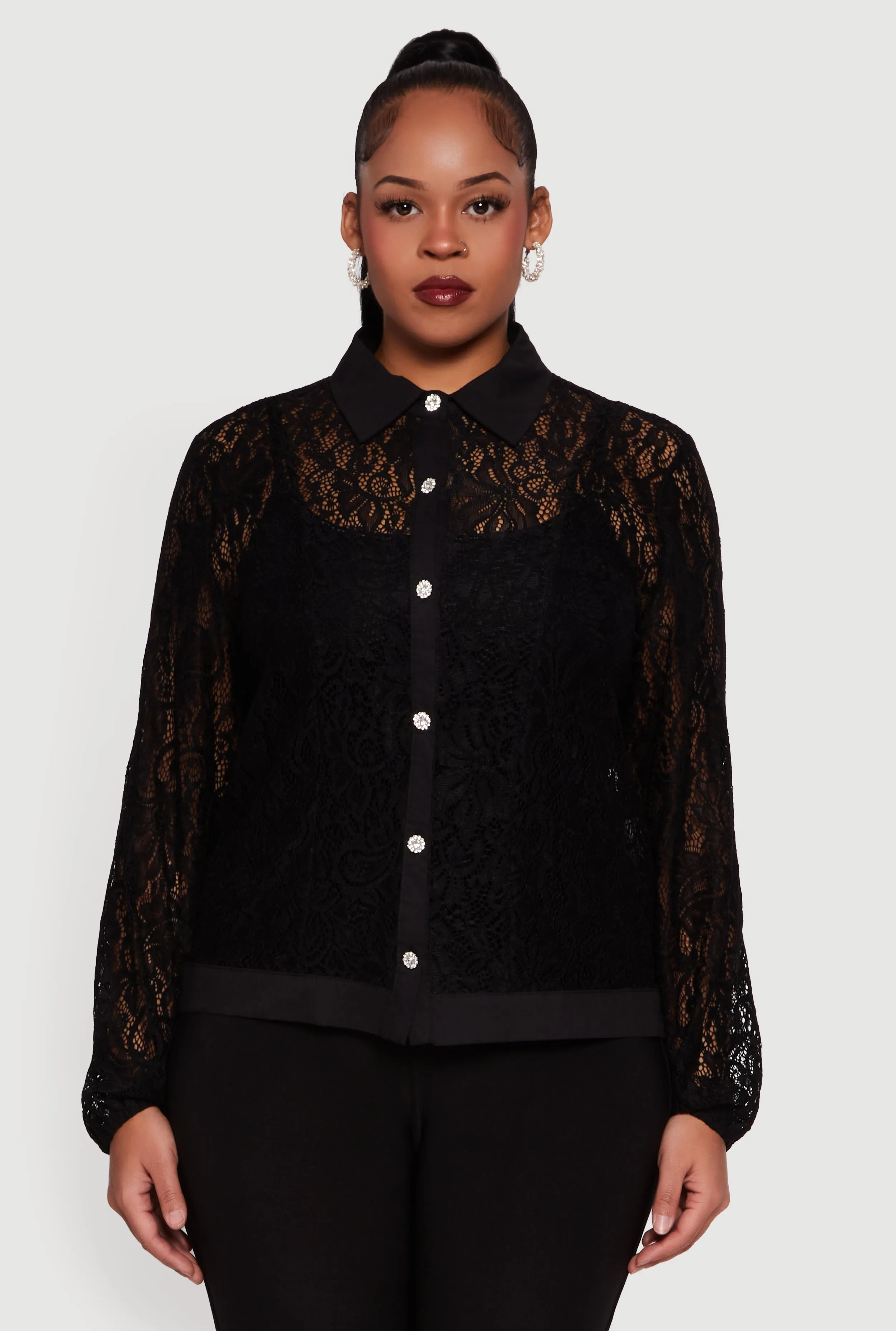 Plus Size Long Sleeve Shirt Collar Lace Blouse sold by Rainbow product image thumbnail 2